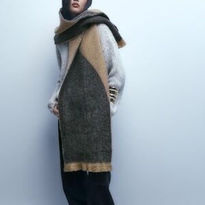 Zara gray and brown wool blend jacquard scarf wrap NWT